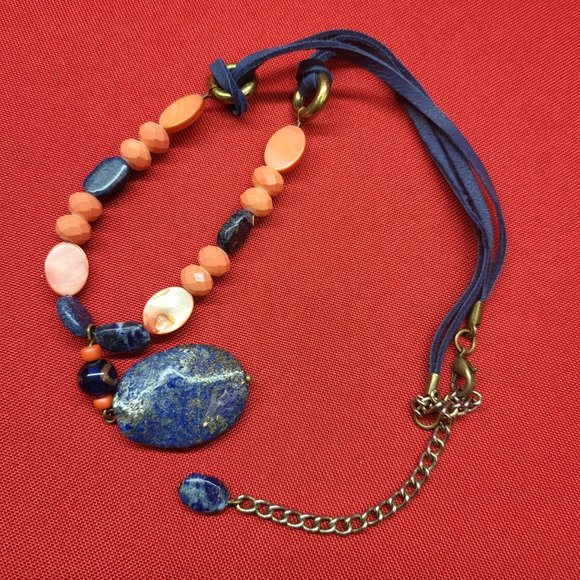 Blue Gemstone Orange Beads Blue Cord Necklace Boho Chic - Picture 6 of 9